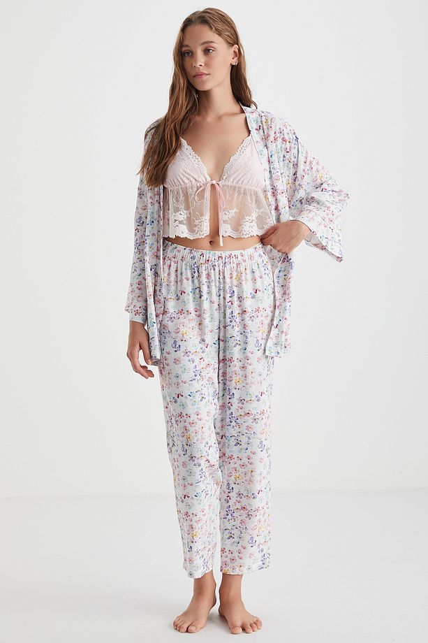 Çiçek desenli üçlü pijama takımı - 3