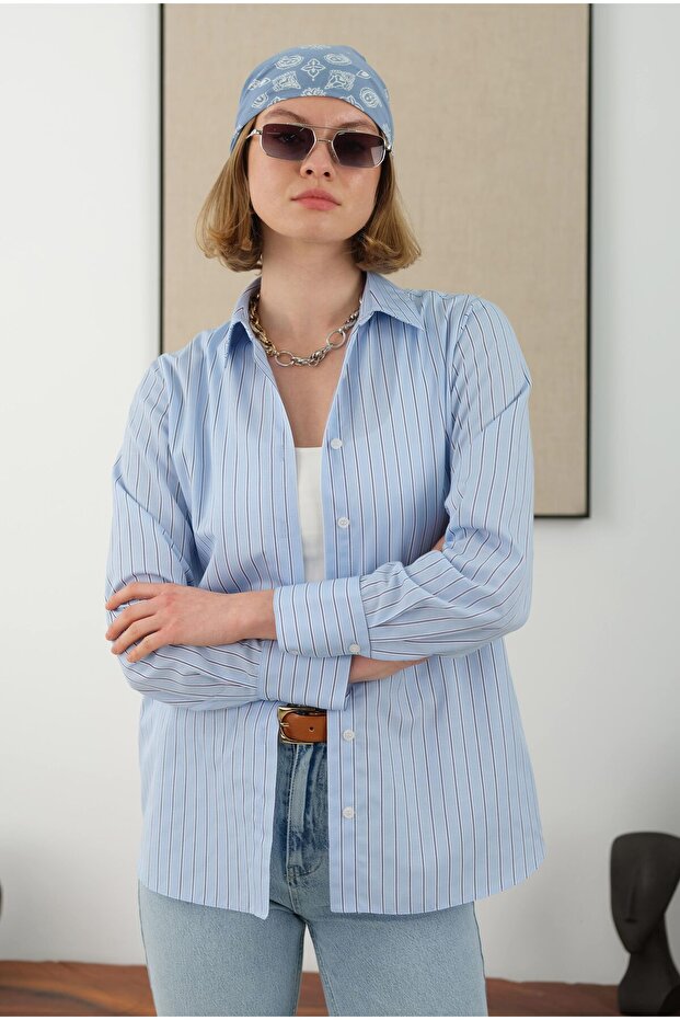Çizgili Fit Gömlek Mavi - 4