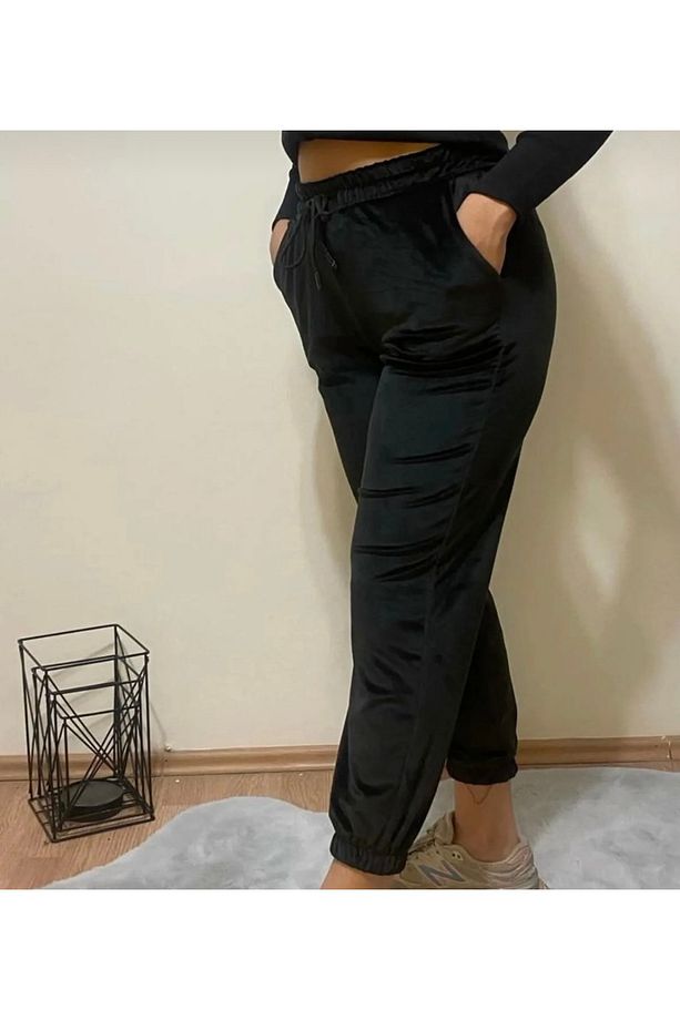 Kadın Yumuşak Kadife Bilek Manşetli Eşıfman Jogger Tek Alt - 2