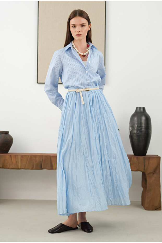 Çizgili Fit Gömlek Mavi - 5