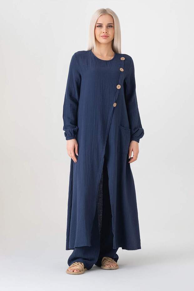 Muslin Fabric Button Detail Front Slit 100% Cotton Hijab Tunic - Navy Blue