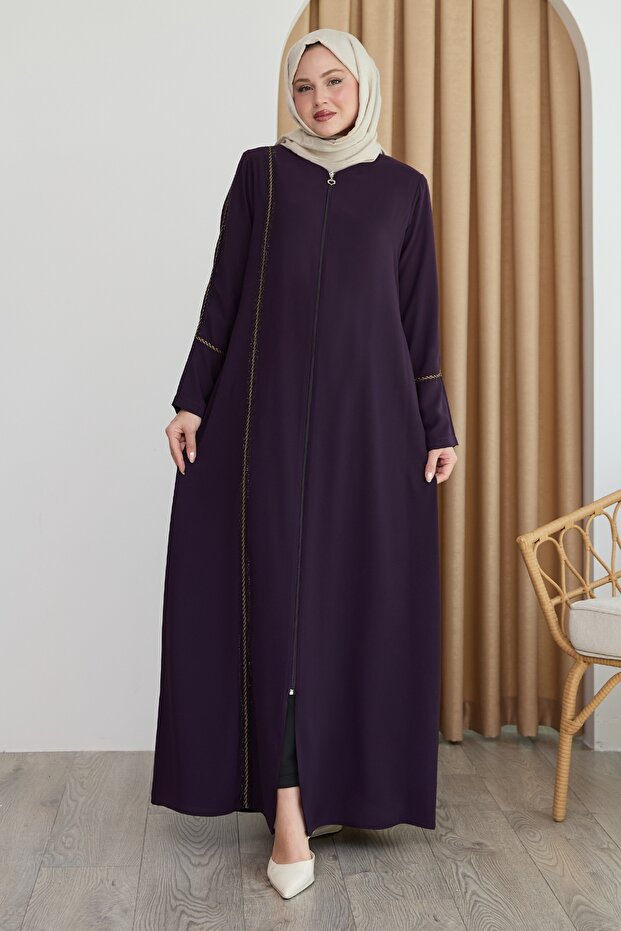 Boydan Renkli Şeritli Mor Ferace - 4