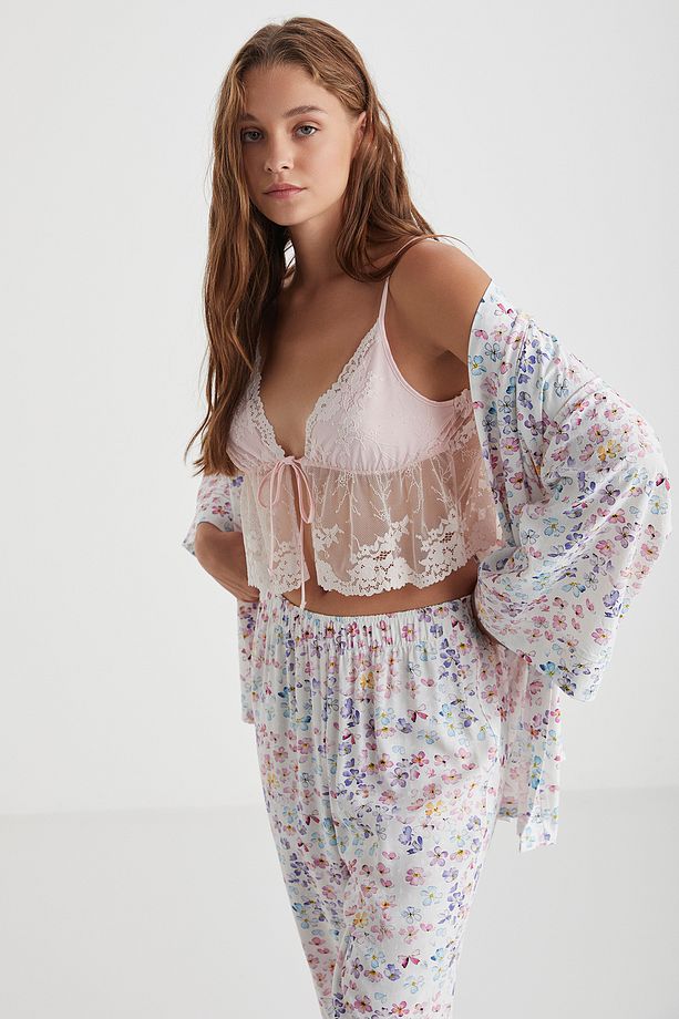 Çiçek desenli üçlü pijama takımı - 4