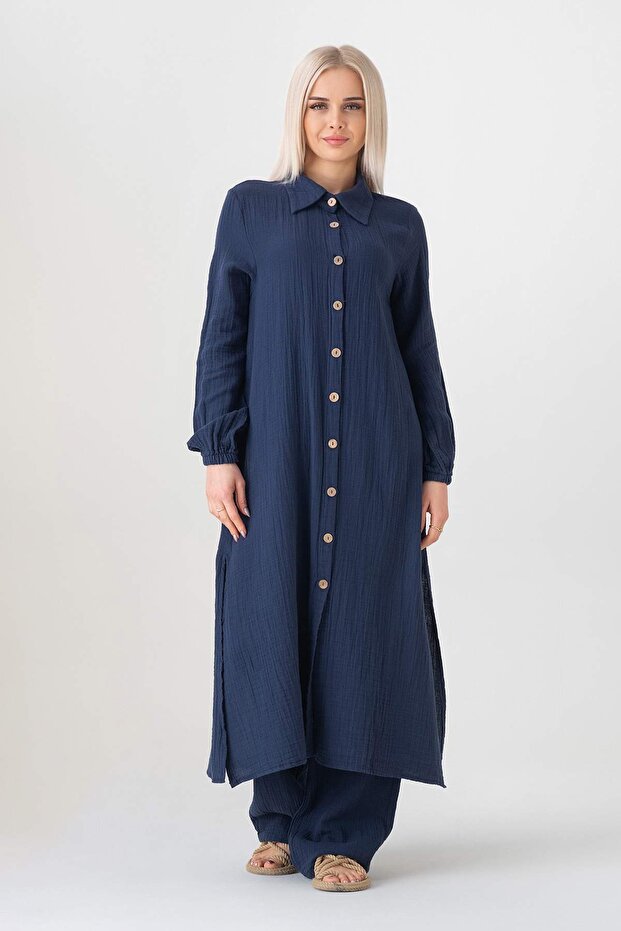 Muslin Fabric 100% Natural Cotton Long Nergis Tunic Hijab - Navy Blue
