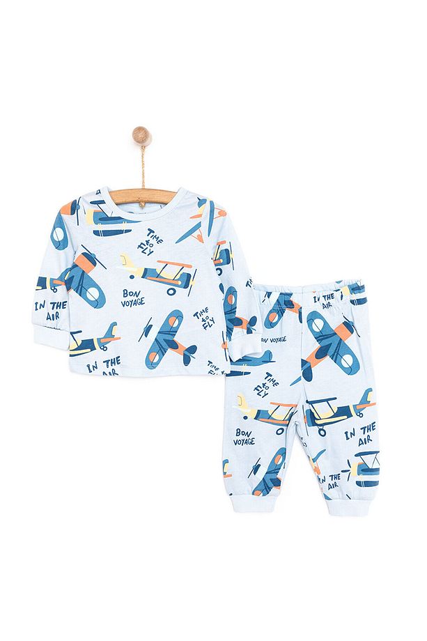 HelloBaby Uzun Kol Uçak Desenli Bisiklet Yaka Pijama Takımı - 1