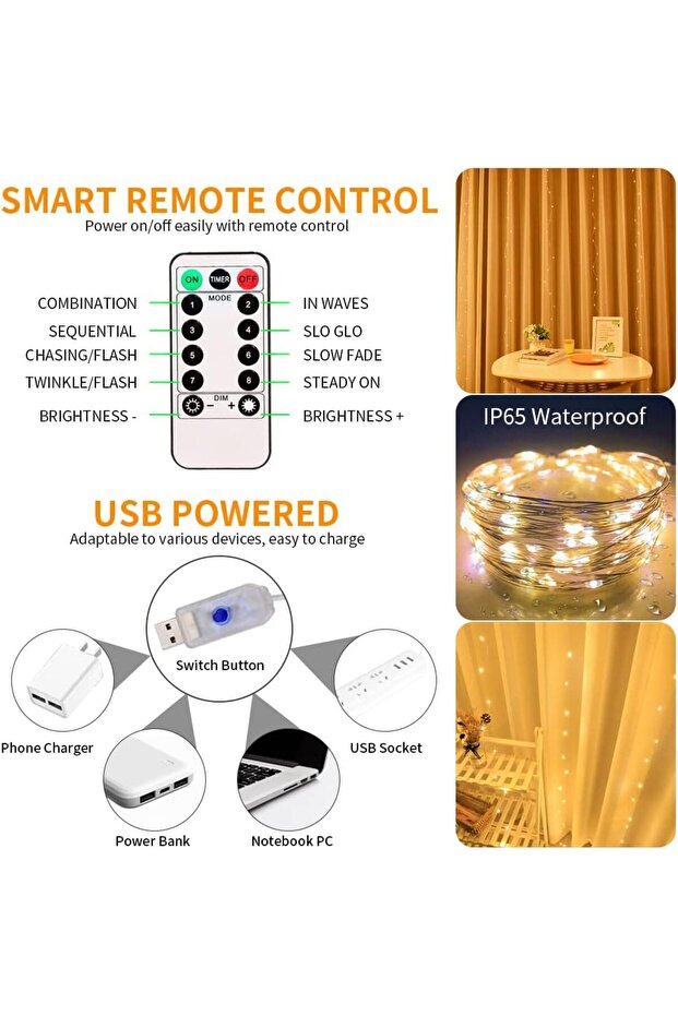 Curtain Decorative String Lights Fairy Twinkle 3M×2M 200 Leds Usb Operated 8 Modes Star String - 2