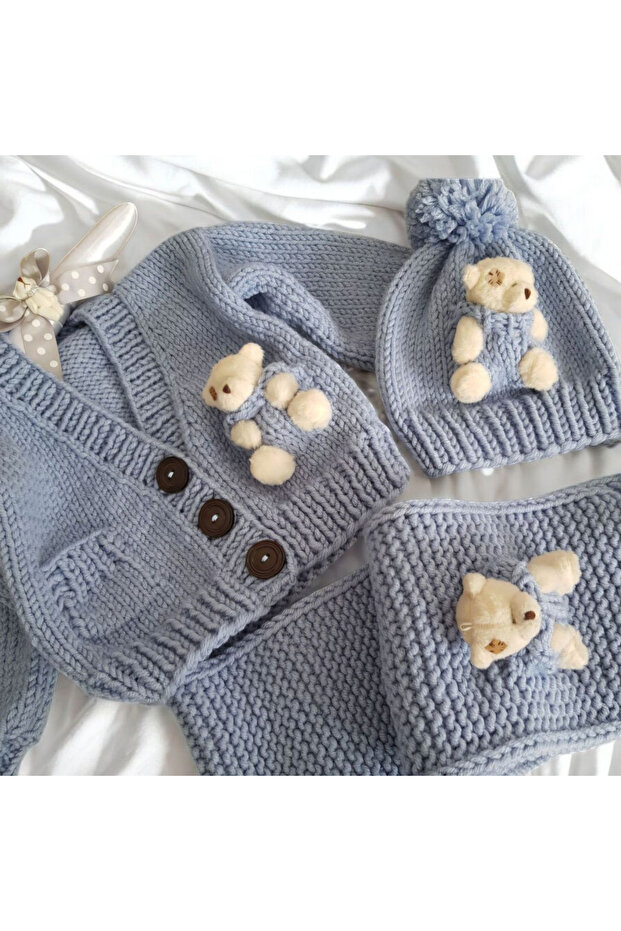 El Örgüsü  Ayıcıklı Bebek Hırkası, Atkı,Bere Set - 2