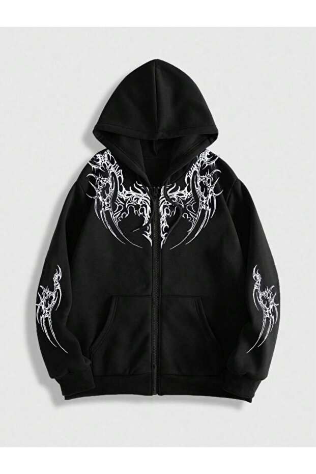 - Gothic Printed Zippered Cardigan - Black Gray Oversize Pocket Hoodie