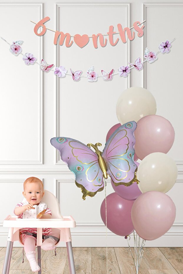 Butterfly Theme 6 Month Half Age Party Balloon Chain Set with 6 Months Banner
