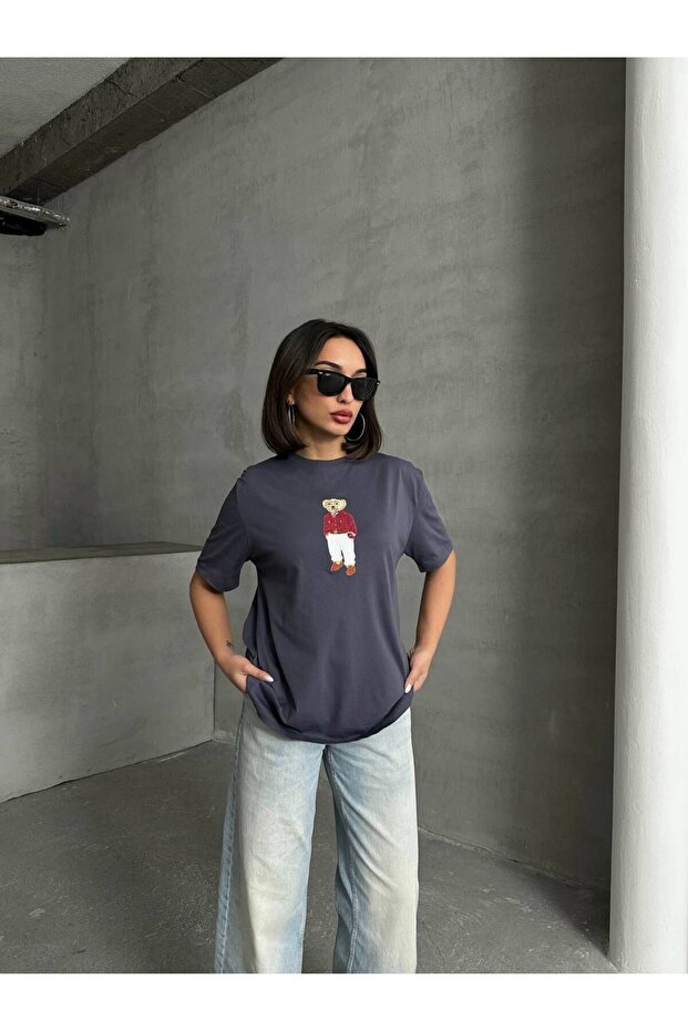 Ayıcık Nakışlı Kadın Oversize Tshirt - 3
