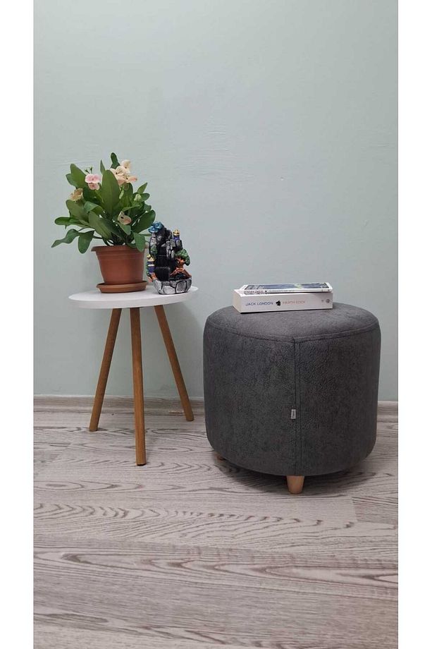 Ahşap Ayaklı Yuvarlak Nubuk Kumaş Puf&bench Koltuk/tabure - 1