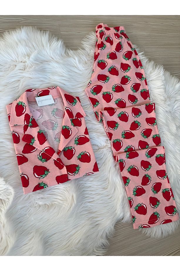 Pembe Çilek  Desenli Pamuklu Kısa Kol Gömlek Yaka Pijama Takımı - 2