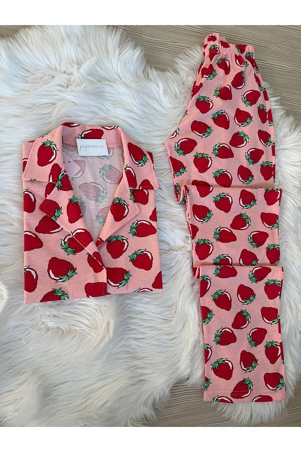 Pembe Çilek  Desenli Pamuklu Kısa Kol Gömlek Yaka Pijama Takımı - 3