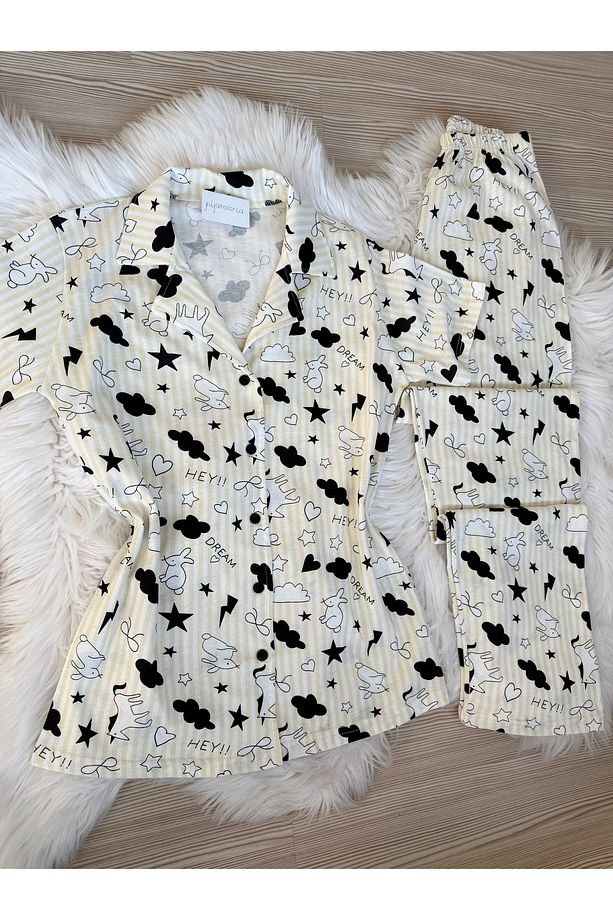 Sarı Tavşan Desenli Pamuklu Kısa Kol Gömlek Yaka Pijama Takımı - 6
