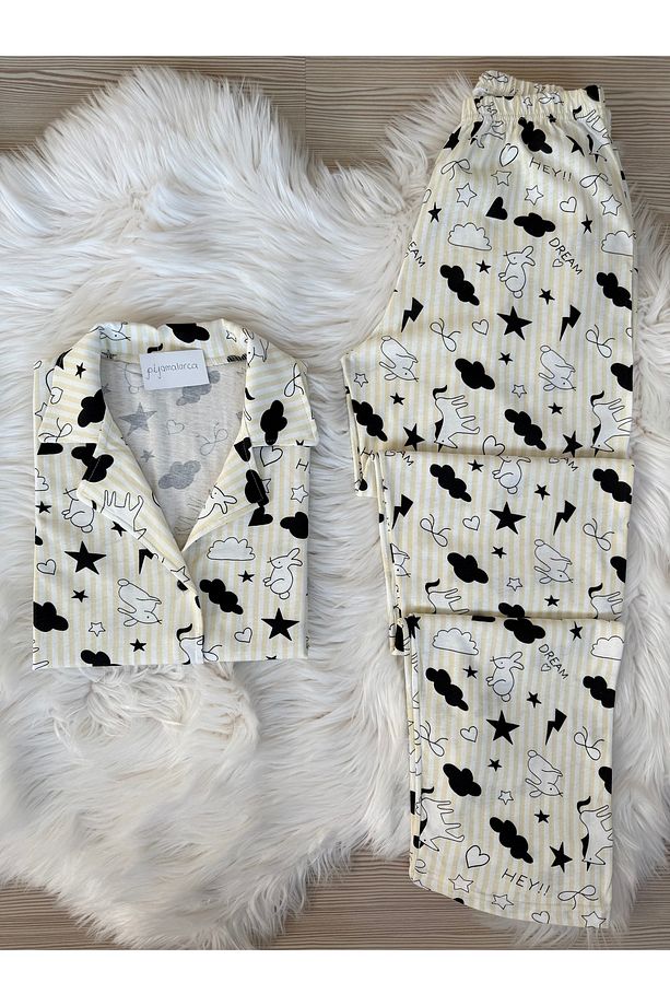 Sarı Tavşan Desenli Pamuklu Kısa Kol Gömlek Yaka Pijama Takımı - 1