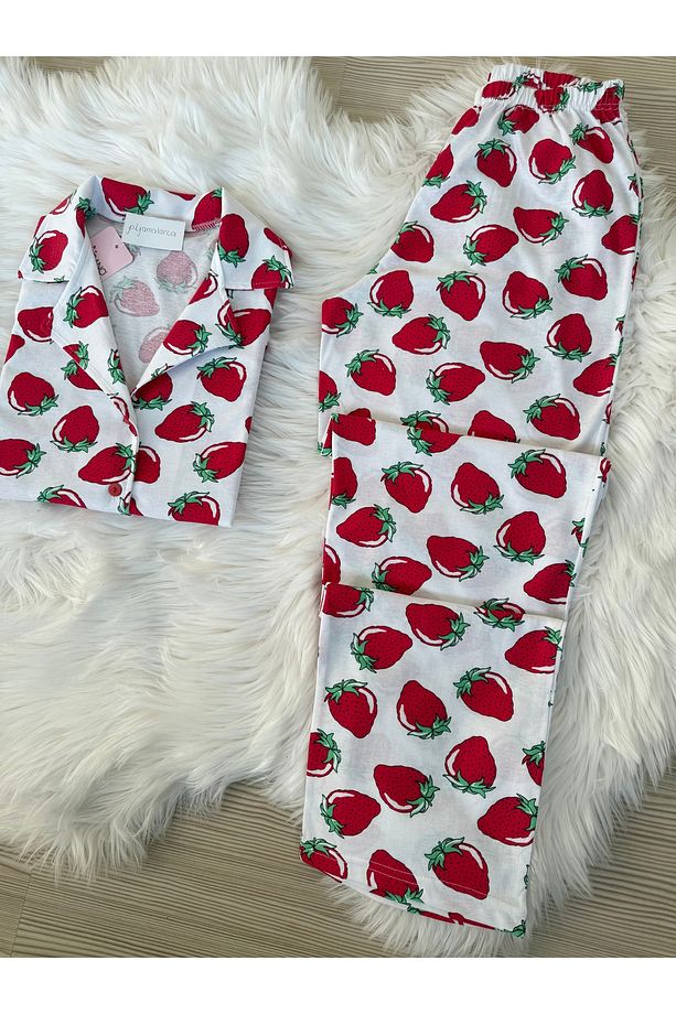 Ekru Çilek  Desenli Pamuklu Kısa Kol Gömlek Yaka Pijama Takımı - 4