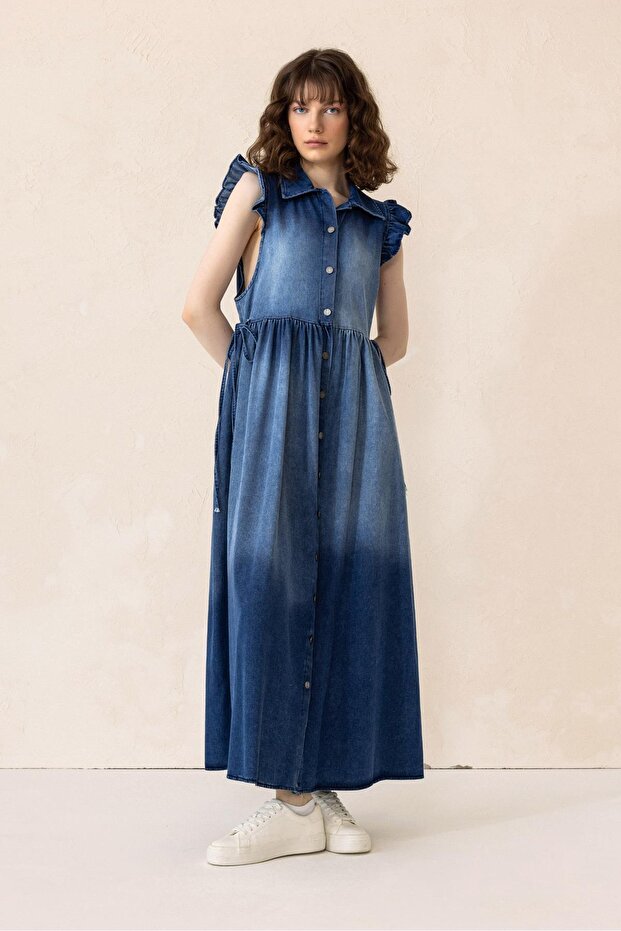 Fır Fır Detailed Sleeveless Denim Dress Blue 9296-E