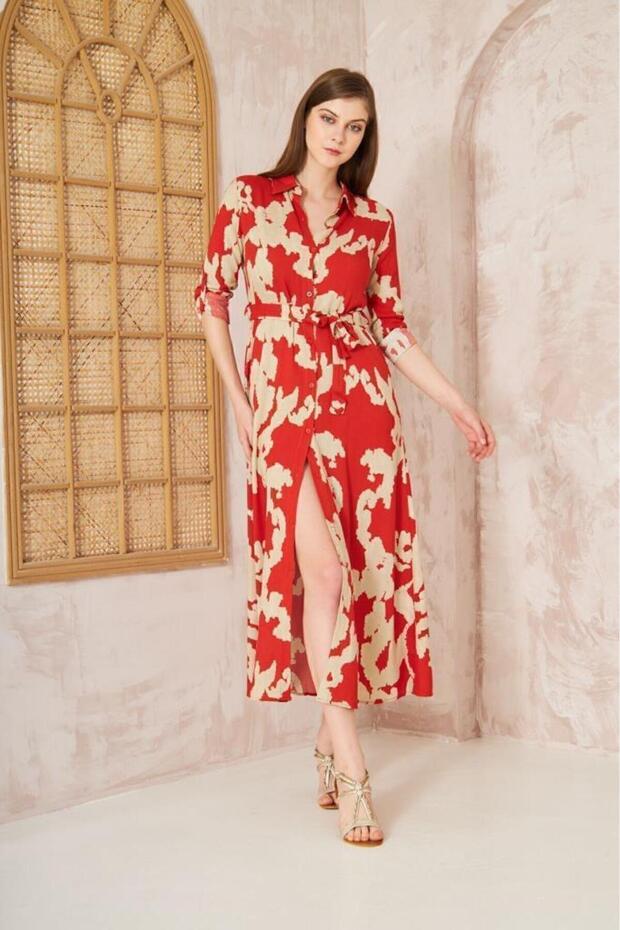 Women's Slim Fit Long Sleeve Waist Fitted 100% Viscose Belted Summer Dress 700-3413550