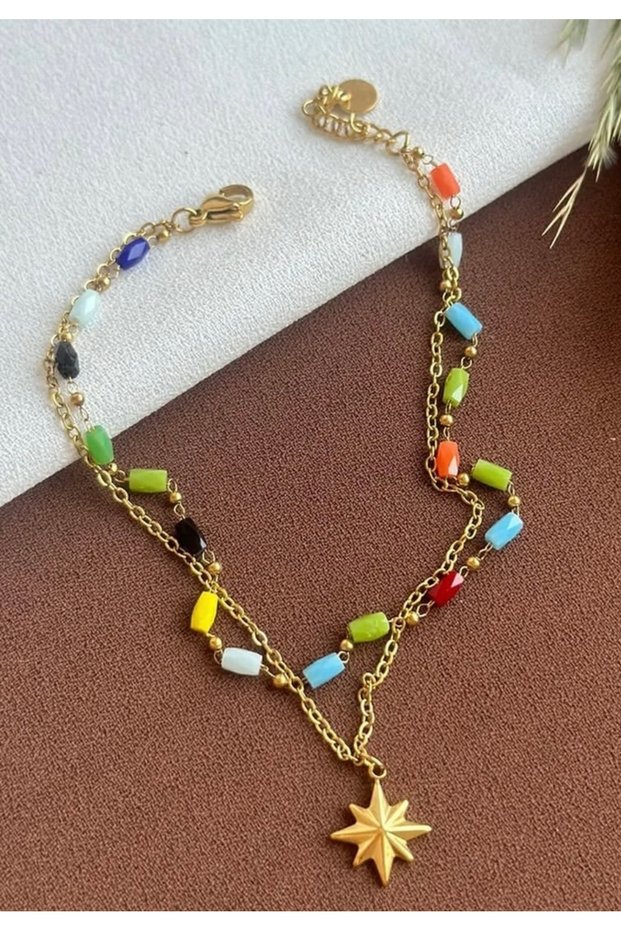 Steel Gold Colored Stone North Star Anklet