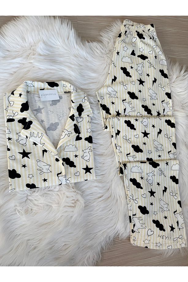 Sarı Tavşan Desenli Pamuklu Kısa Kol Gömlek Yaka Pijama Takımı - 2