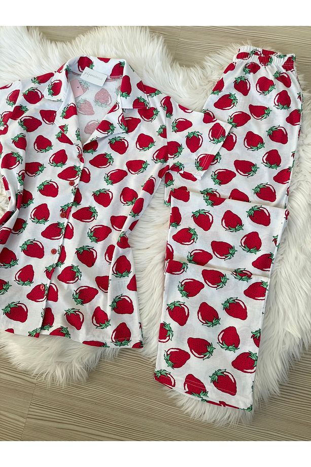 Ekru Çilek  Desenli Pamuklu Kısa Kol Gömlek Yaka Pijama Takımı - 7