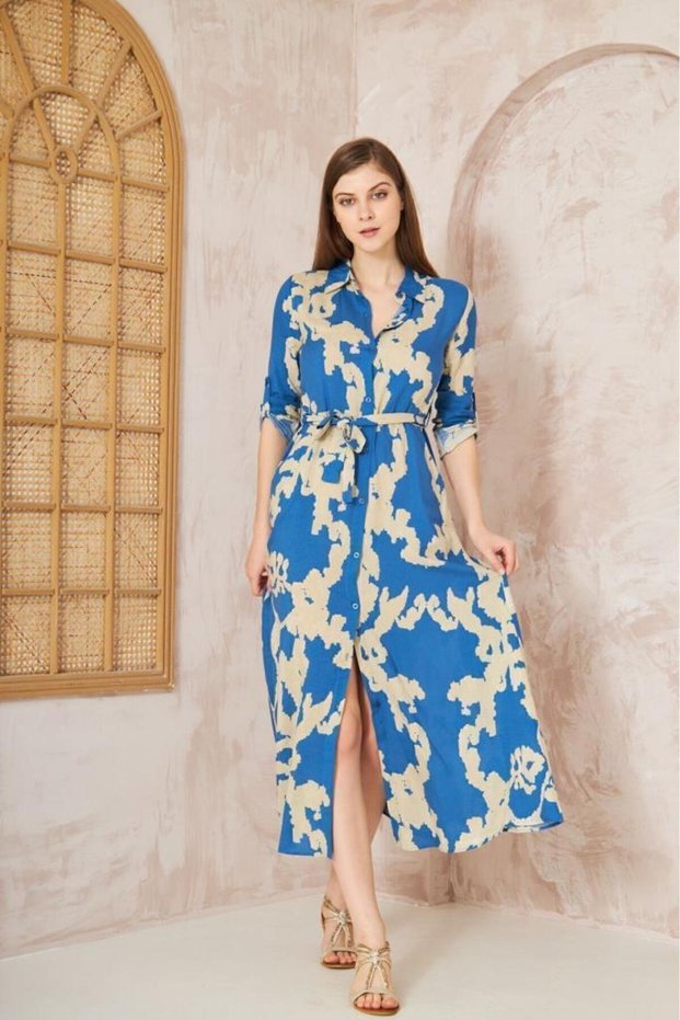 Women's Slim Fit Long Sleeve Waist Fitted 100% Viscose Belted Summer Dress 700-3413350