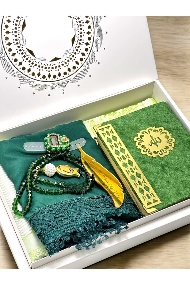 Quran, Zikirmatik, and Crystal Prayer Beads with Prayer Mat, Lace Scarf Set