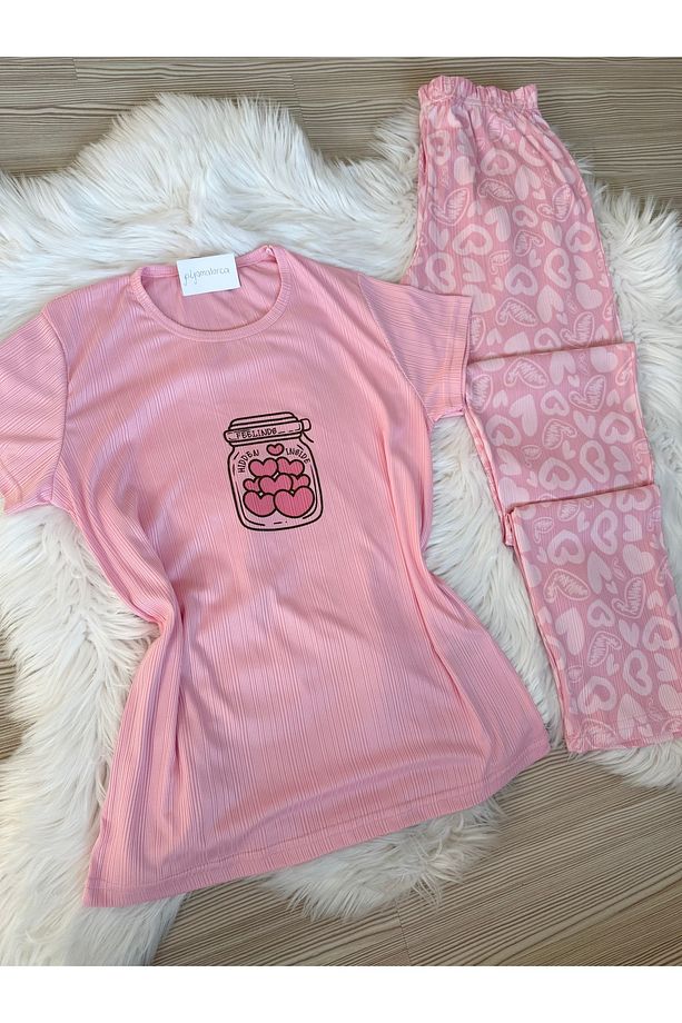 Açık Pembe Kalp Desenli Bisiklet Yaka Kısa Pegasus Kol Pijama Takımı - 6