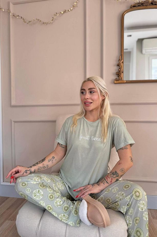 Yeşil Fruit time Desenli Örme Kısa Kol Kadın Pijama Takımı - 4