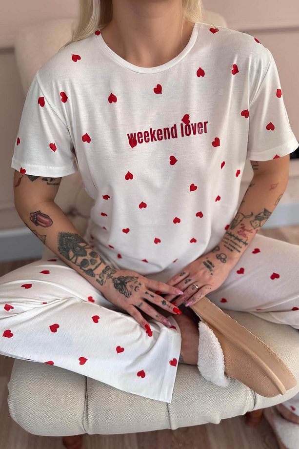 Kırmızı Kalp Desenli Örme Kısa Kol Kadın Pijama Takımı - 6