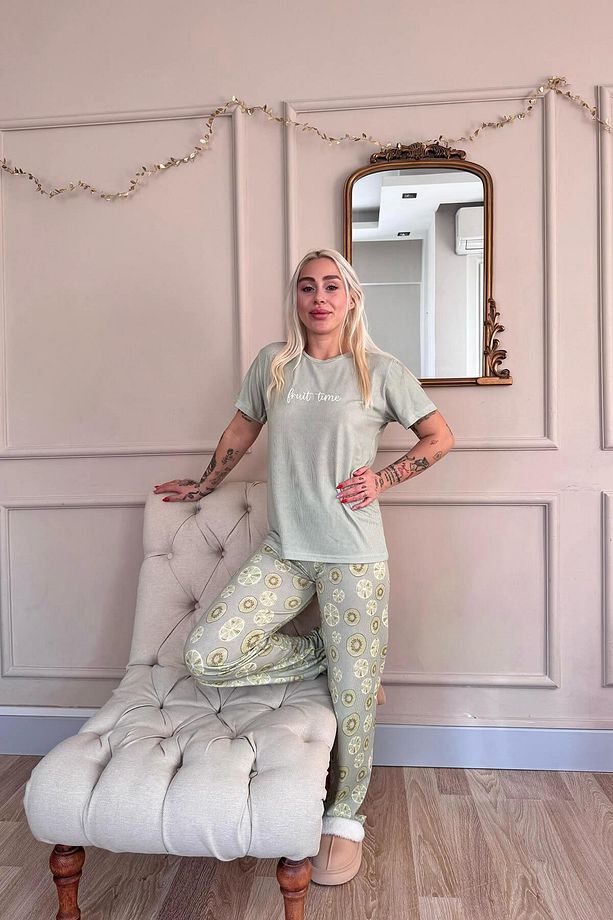 Yeşil Fruit time Desenli Örme Kısa Kol Kadın Pijama Takımı - 7