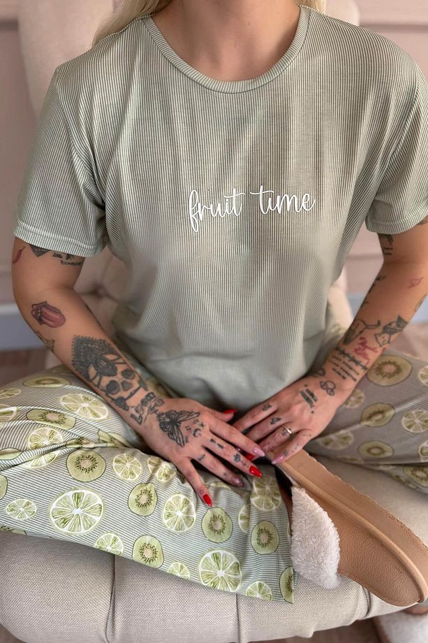 Yeşil Fruit time Desenli Örme Kısa Kol Kadın Pijama Takımı - 6