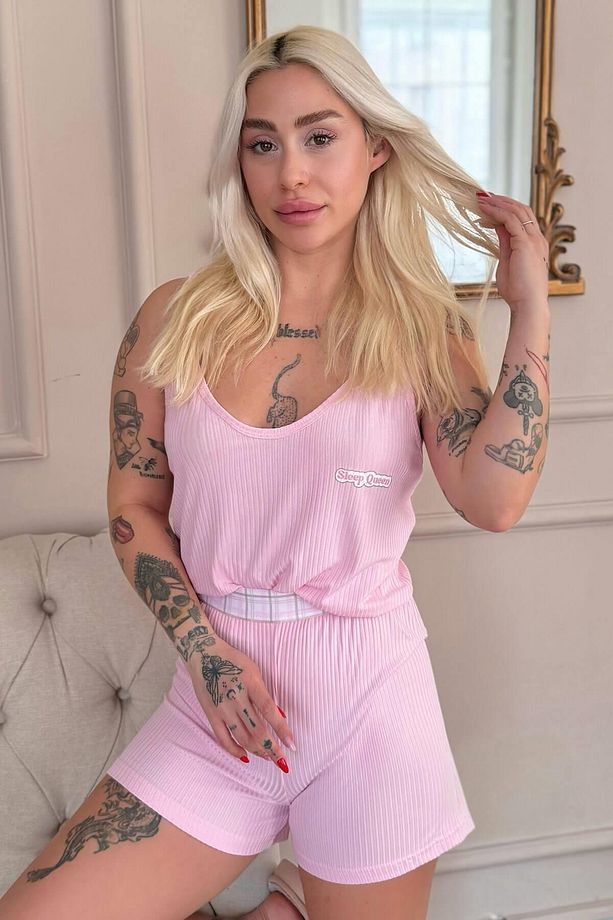 Pembe Douce Dream Desenli Örme Ip Askı Şortlu Kadın Pijama Takımı - 1