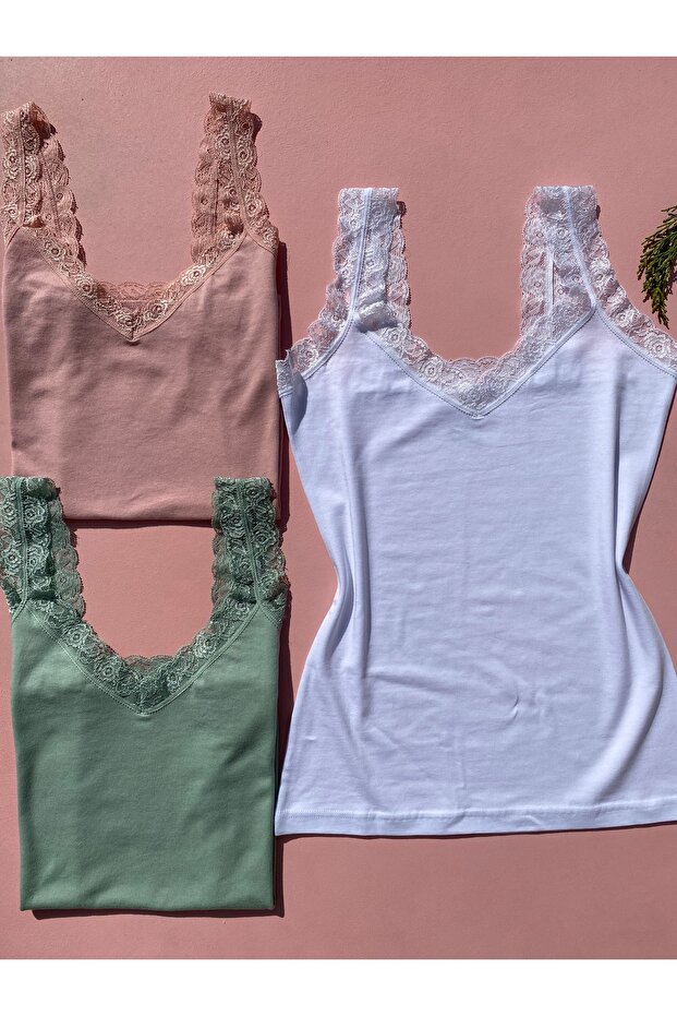 Cotton Modal Fabric Lace Strap V-Neck Box Packed 3-Piece Powder, Green, White Women's Undershirt