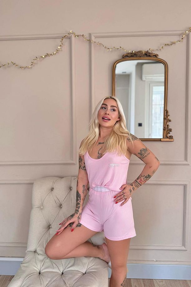 Pembe Douce Dream Desenli Örme Ip Askı Şortlu Kadın Pijama Takımı - 3