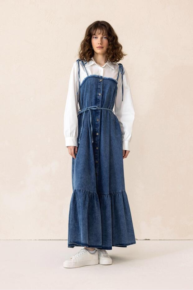 Shirt-Style Skirt with Flounces Denim Dress Blue 9305-E