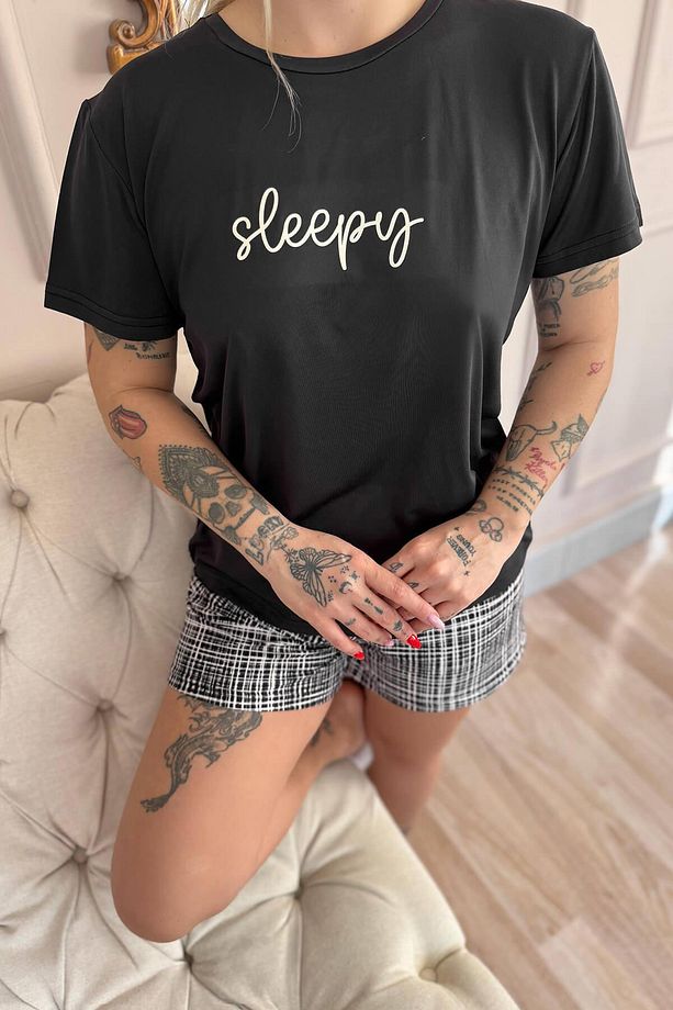 Siyah Sleepy Desenli Kısa Kollu Şortlu Örme Kadın Pijama Takımı - 6
