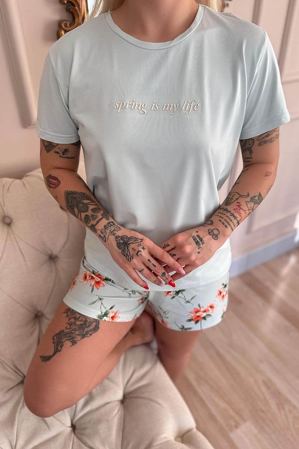 Su Yeşili Spring is My Life Desenli Kısa Kollu Şortlu Örme Kadın Pijama Takımı - 6