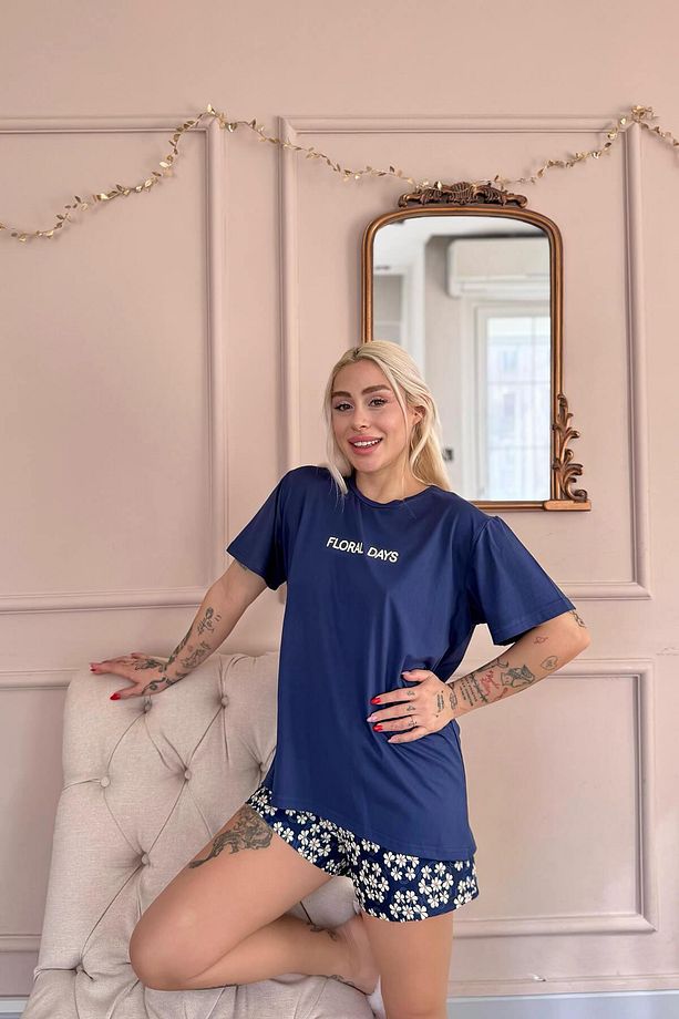 Lacivert Floral Days Desenli Kısa Kollu Şortlu Örme Kadın Pijama Takımı - 5