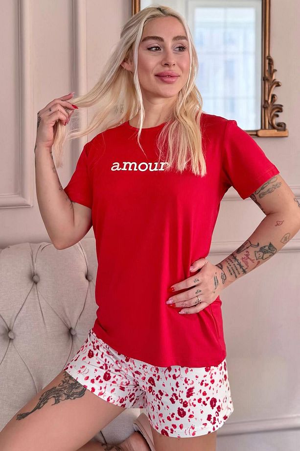Kırmızı Amour Desenli Kısa Kollu Şortlu Örme Kadın Pijama Takımı - 1