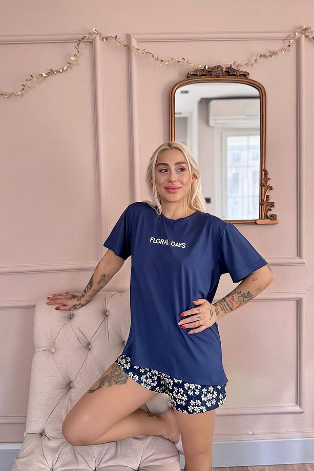 Lacivert Floral Days Desenli Kısa Kollu Şortlu Örme Kadın Pijama Takımı - 4