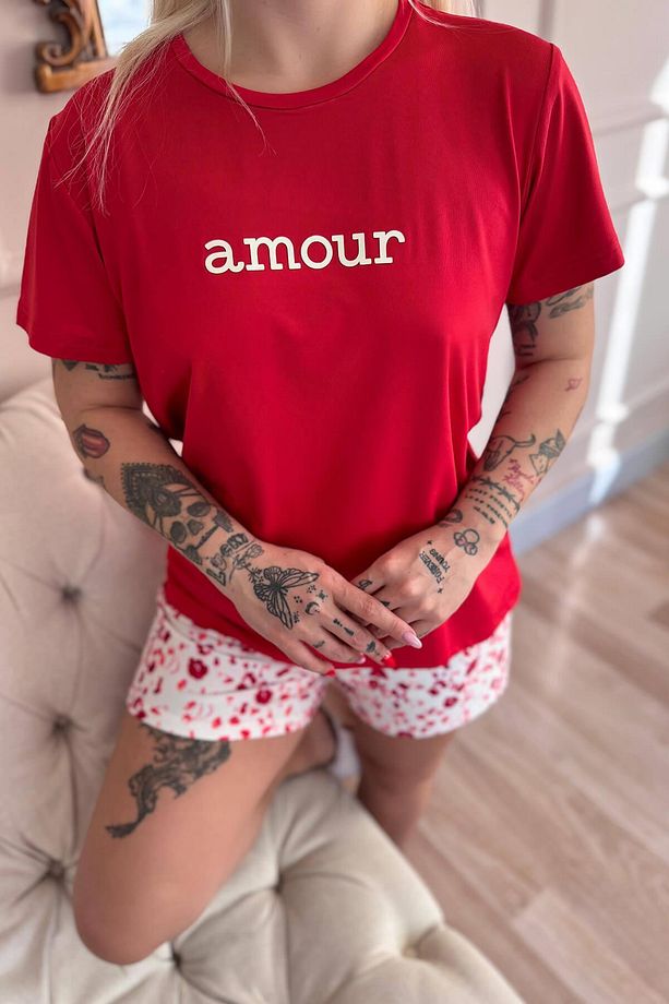 Kırmızı Amour Desenli Kısa Kollu Şortlu Örme Kadın Pijama Takımı - 6