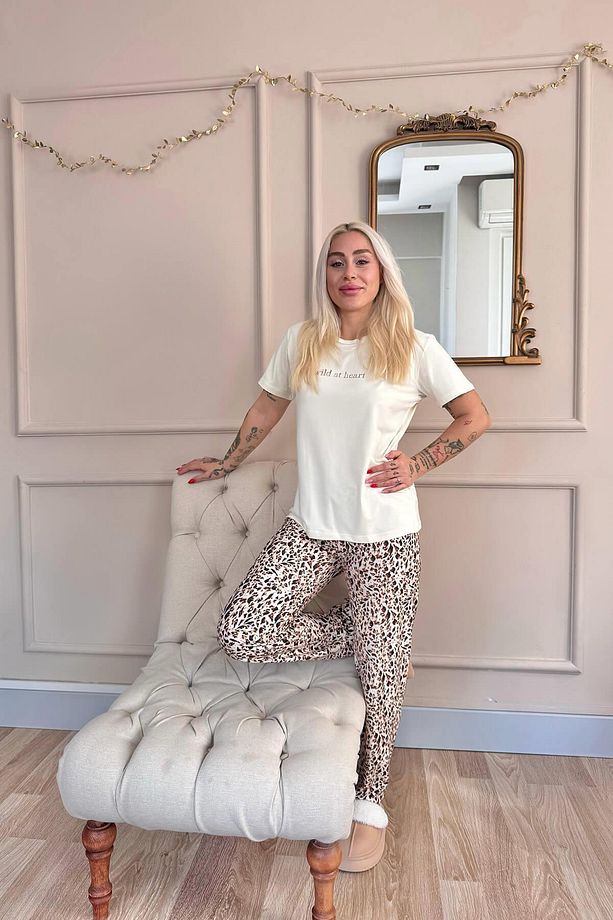 Krem Wild at Heart Desenli Kısa Kollu Örme Kadın Pijama Takımı - 7