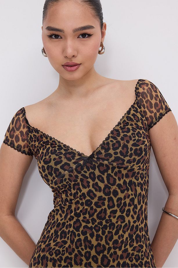 Leopar Desenli Astarlı Mini Elbise E1691-N13 - 4