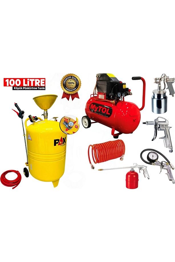 Profesyonel 50 Lt Hava Kompresörü 5 Parça Havalı Set ve 100 Litre Yüksek Basınçlı Köpük Tankı - 1