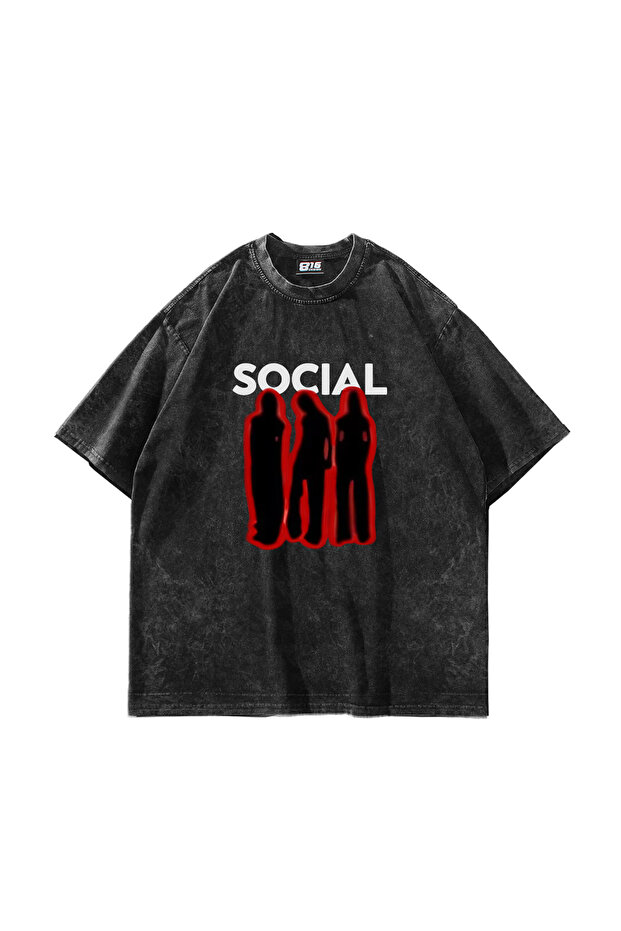 Social Printed Washable Black Unisex Oversize T-shirt