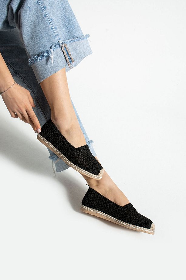 Krebs Kadın Siyah Örgü Espadril Hasır Taban Yazlık Rahat Günlük Ayakkabı Düz Taban Slip On - 4