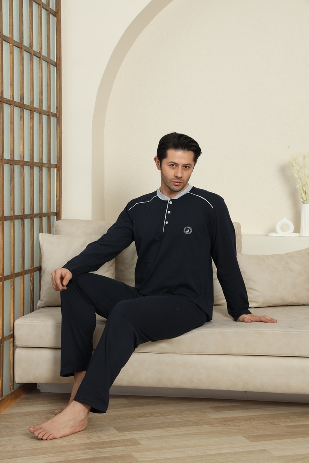 Long Sleeve Seasonal Navy Blue Color Combed Cotton Men's Pajamas
