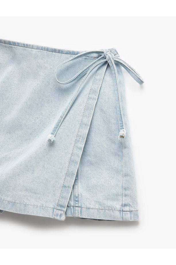 Pamuklu Bağlama Detaylı Mini Denim Şort Etek - 6