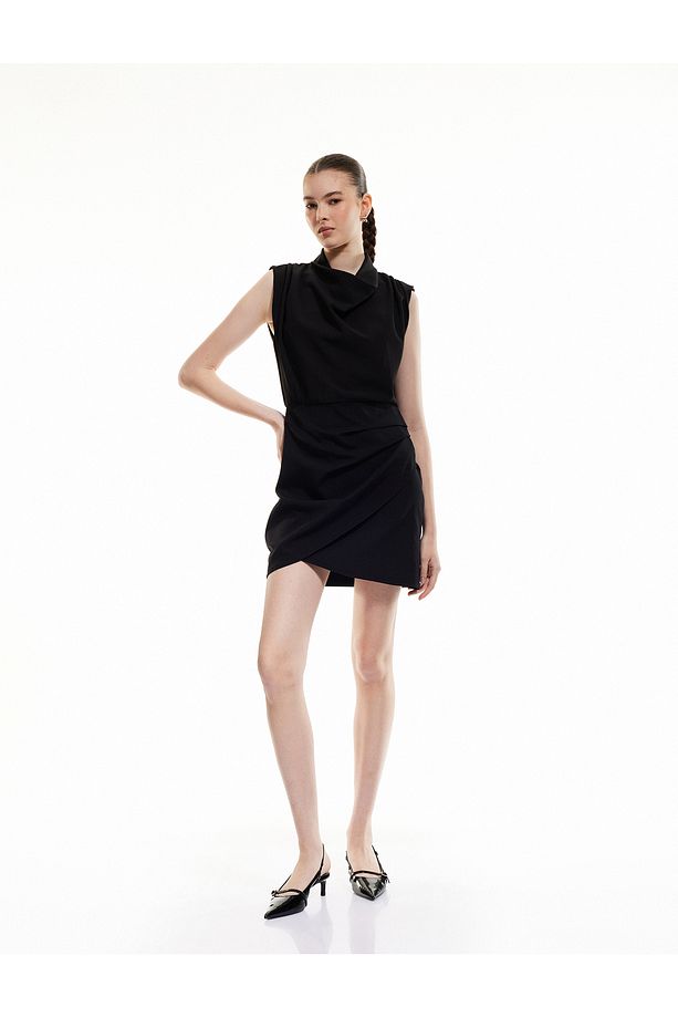Drape Detaylı Kolsuz Degaje Yaka Kruvaze Mini Elbise - 1